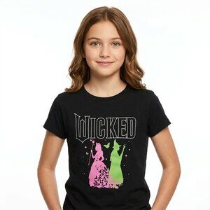 UNIVERSAL WICKED BRAND Girl's Black Wicked T-Shirt Green/Pink Witches - L  NWT